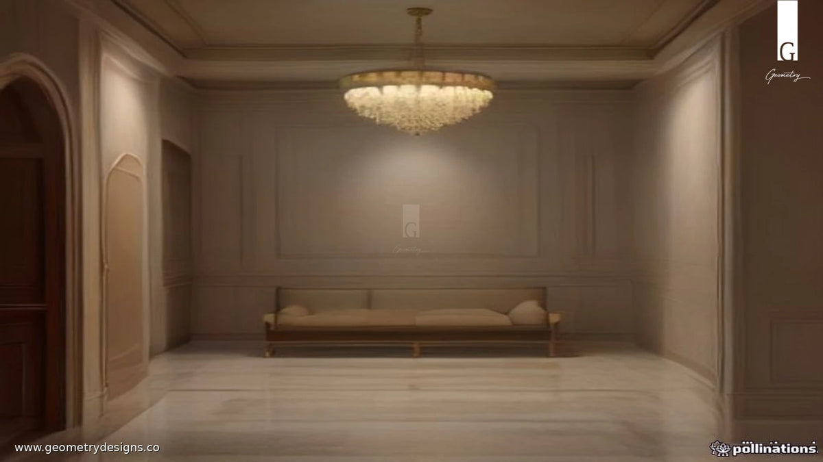 Luxury Indian living room with layered warm lighting, chandelier ambient glow, and calm seating under soft evening light