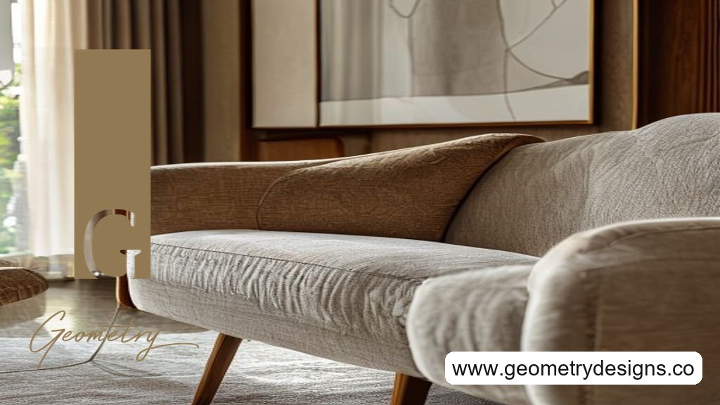 A close-up of a premium upholstered chair showing clean stitching, stable frame details, and quality fabric grain in a modern Indian living room.