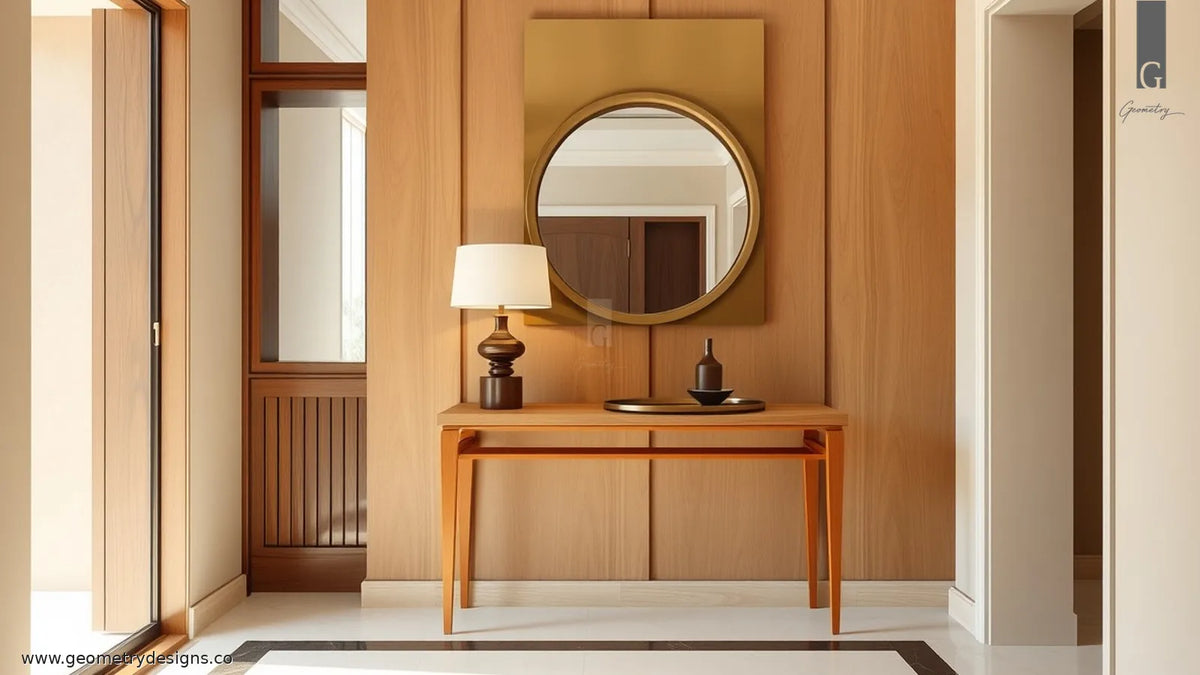 Luxury Indian apartment entryway with a handcrafted statement console against the side wall, clear walk path, lamp and tray, calm natural light