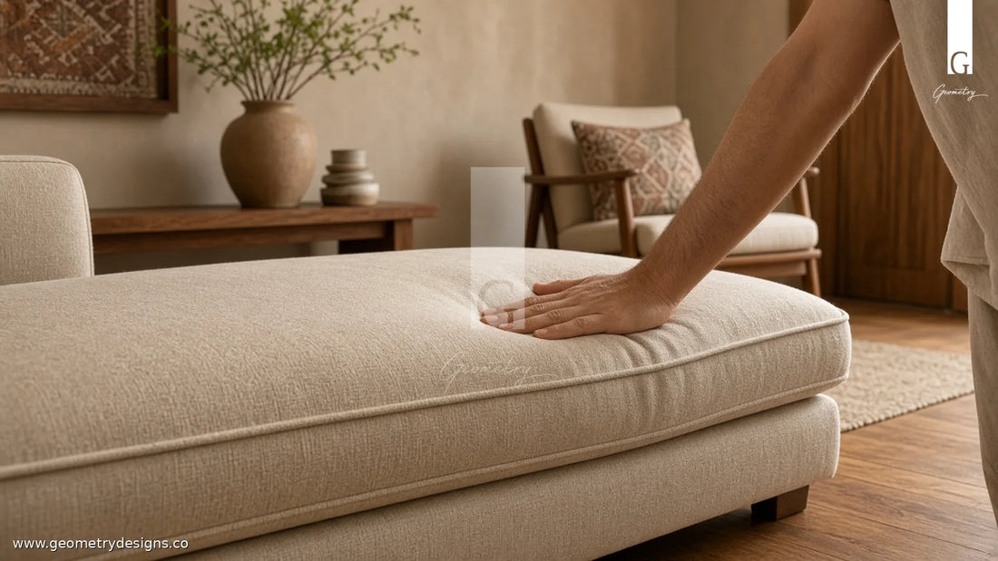 Hand pressing into a luxury sofa seat cushion in a warm Indian modern living room to demonstrate upholstery compression during a sit-test