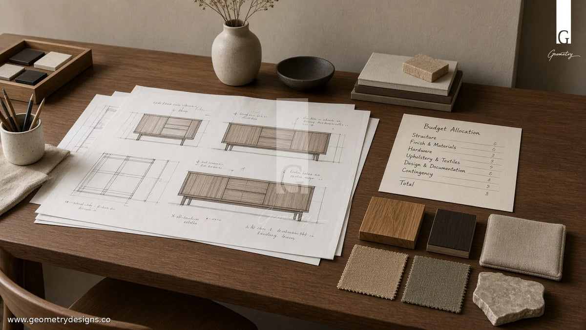 Designer desk scene with custom furniture drawings, material samples, and a simple budget allocation sheet in a calm Indian modern studio — Path B concept, not a Geometry SKU photo