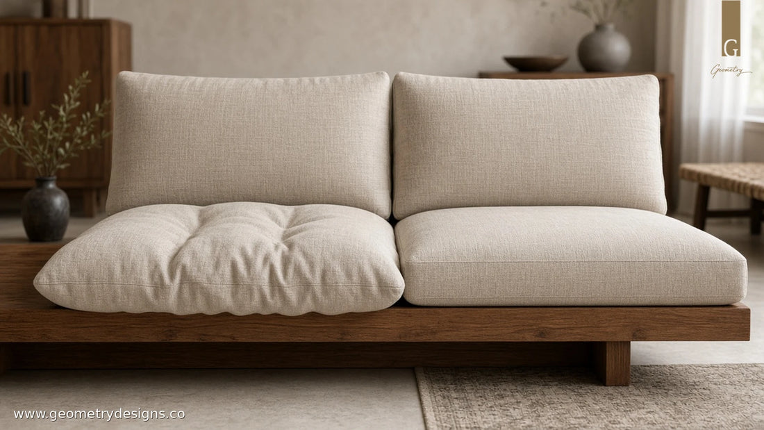 AI-assisted editorial image of a cream upholstered armchair with wooden arms in a warm living room