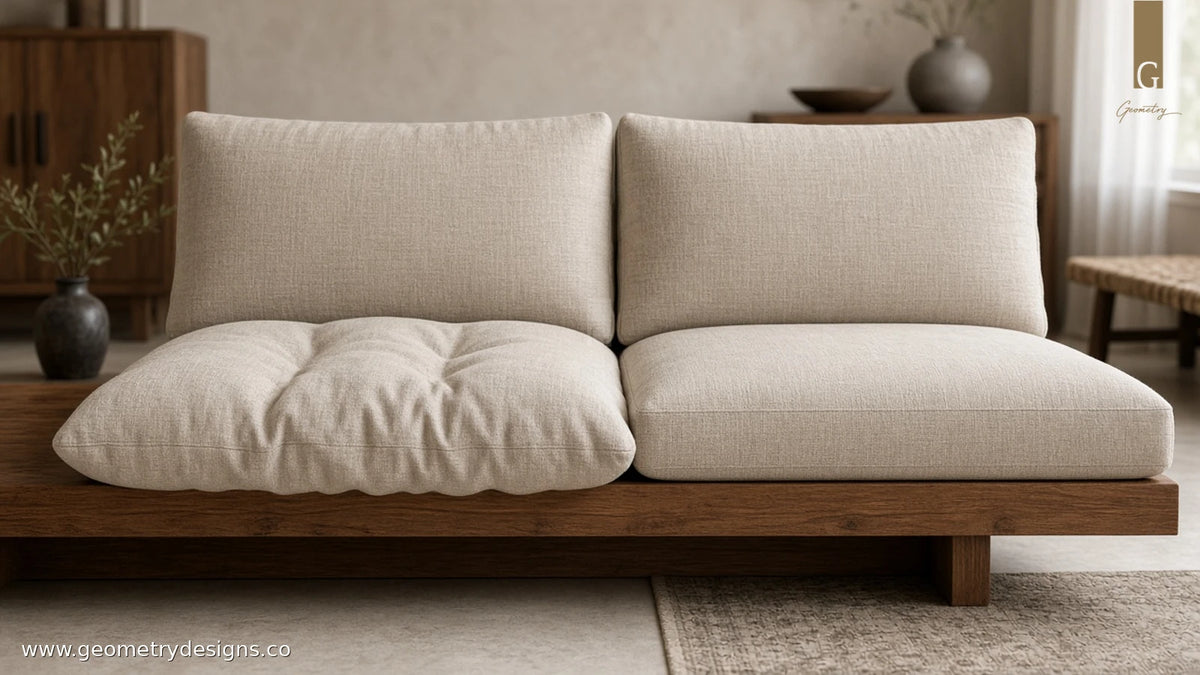 AI-assisted editorial image of a cream upholstered armchair with wooden arms in a warm living room