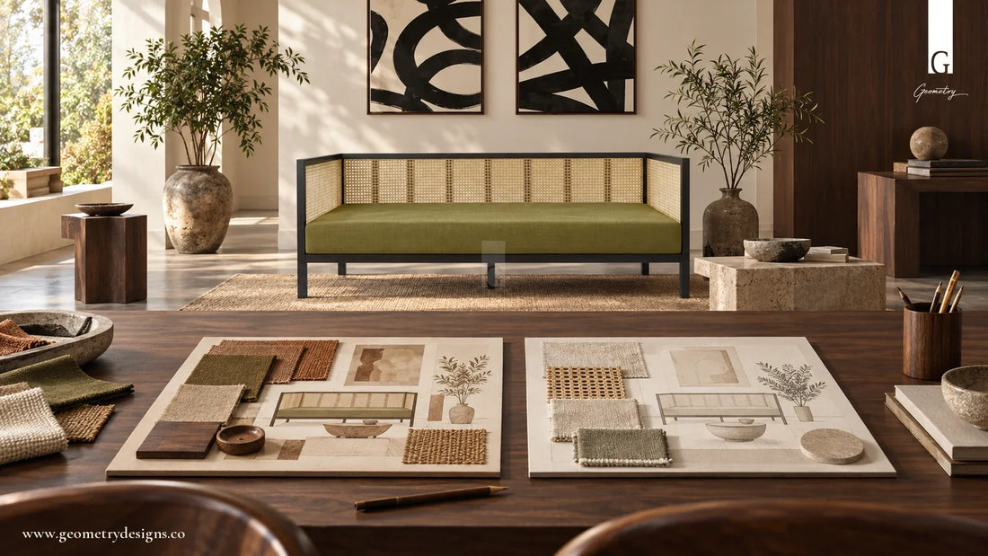 AI-assisted design-studio scene with two room concept boards, fabric samples and a dark-framed cane sofa in the background.