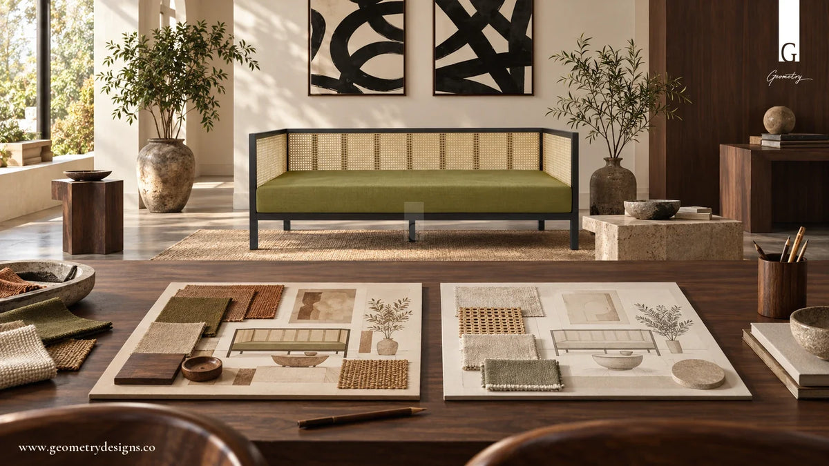 AI-assisted design-studio scene with two room concept boards, fabric samples and a dark-framed cane sofa in the background.