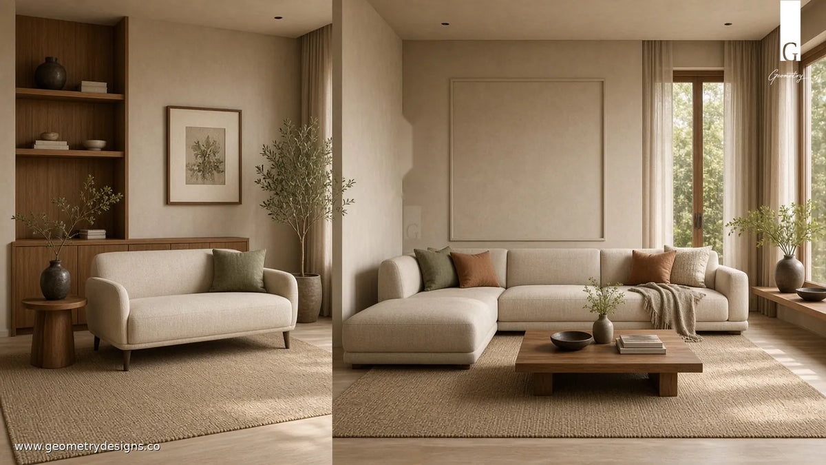 Modern Indian luxury living room comparison: catalogue sofa scale on the left versus bespoke resolved seating scale on the right