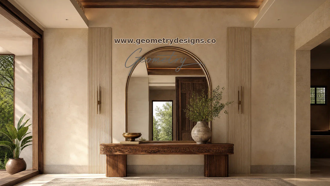 Geometry Designs architectural statement mirror above a carved console in a modern Indian luxury entryway, with real Geometry wordmark and www.geometrydesigns.co.