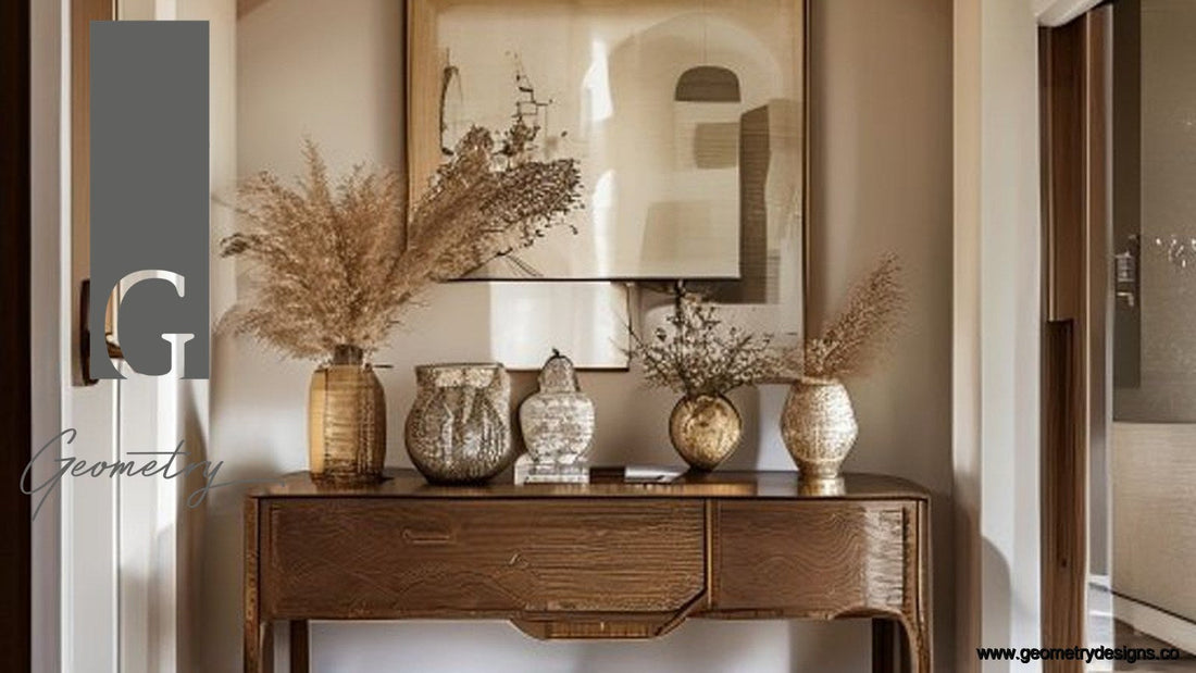A modern Indian living room entryway with a console table, clean sidewall decor, and balanced lighting.
