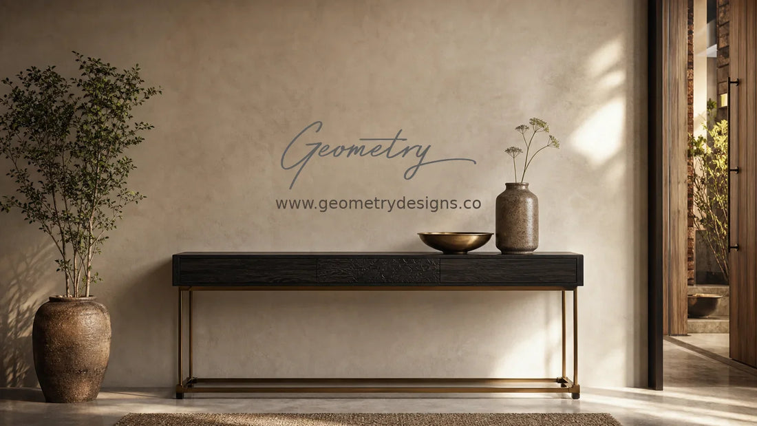 Console table with a dark wood-look finish, slim metal-look frame, decor bowl, vase, and textured wall in a warm modern Indian entryway.