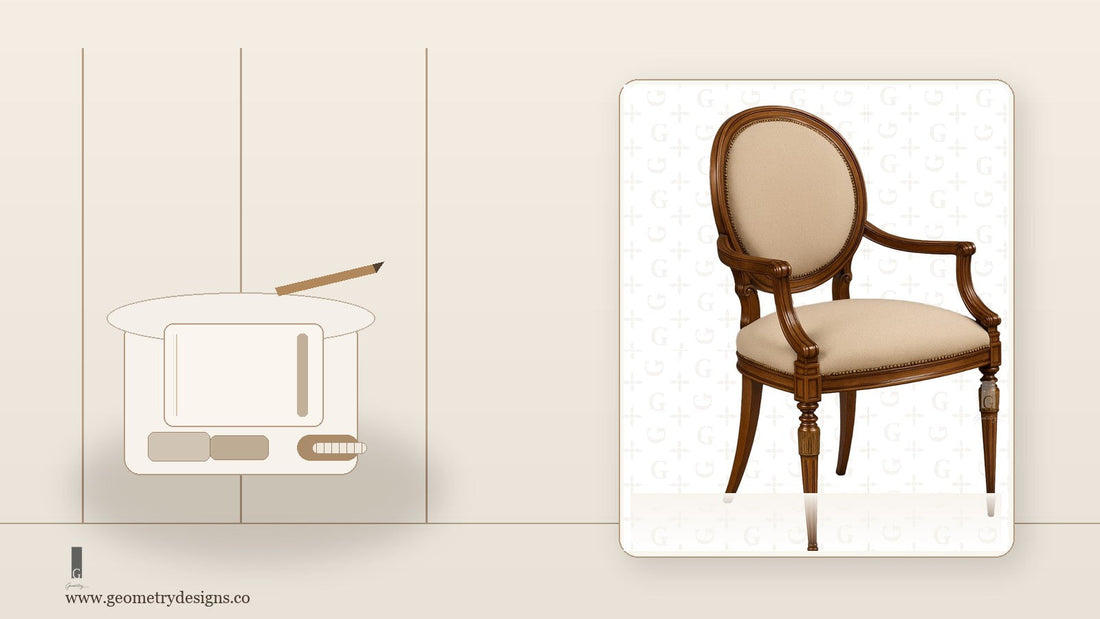 Geometry Designs accent chair article hero with a styled sourcing desk, notebook, material swatches, and measuring tape.