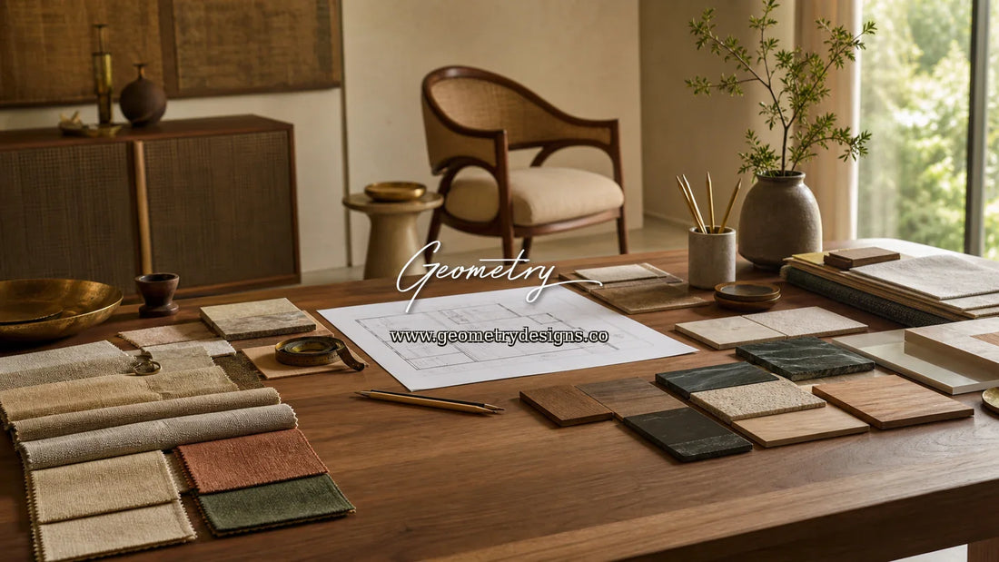 Geometry Designs founder-style furniture planning table with material samples, floor plan, and a sculptural chair in a modern Indian luxury interior.