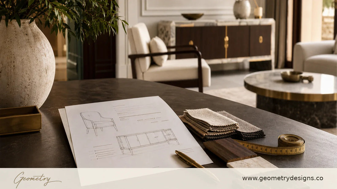 AI-assisted modern Indian luxury furniture order specification scene with chair and console drawings, fabric swatches, finish samples, measuring tape, Geometry logo, and www.geometrydesigns.co branding.
