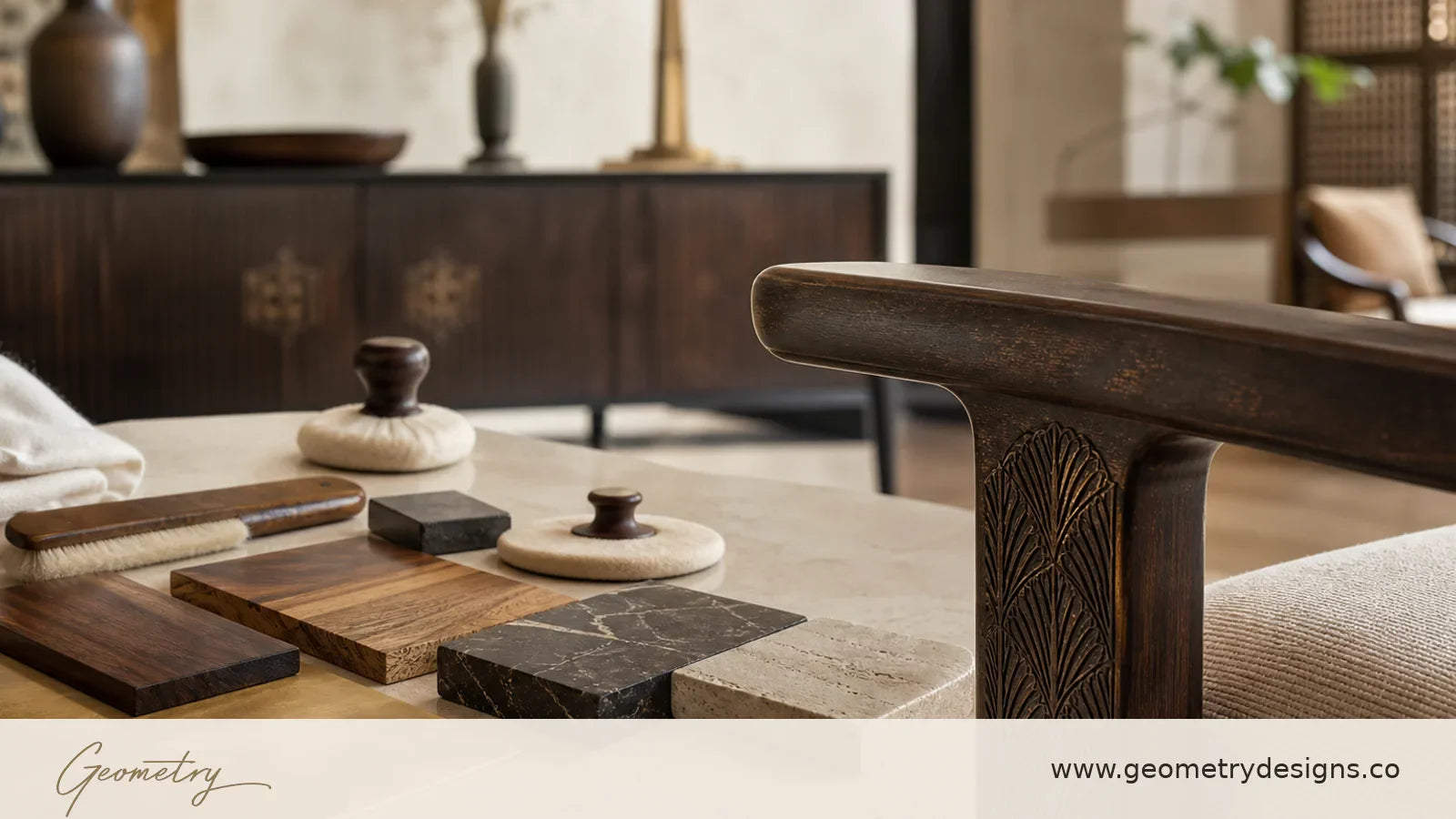 AI-assisted modern Indian luxury furniture finish scene with wood and stone samples, finishing tools, carved furniture detail, Geometry logo, and www.geometrydesigns.co branding.