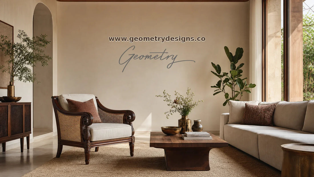Geometry Designs modern Indian living room with layered craft details, handcrafted seating, calm negative space, real Geometry wordmark, and www.geometrydesigns.co.