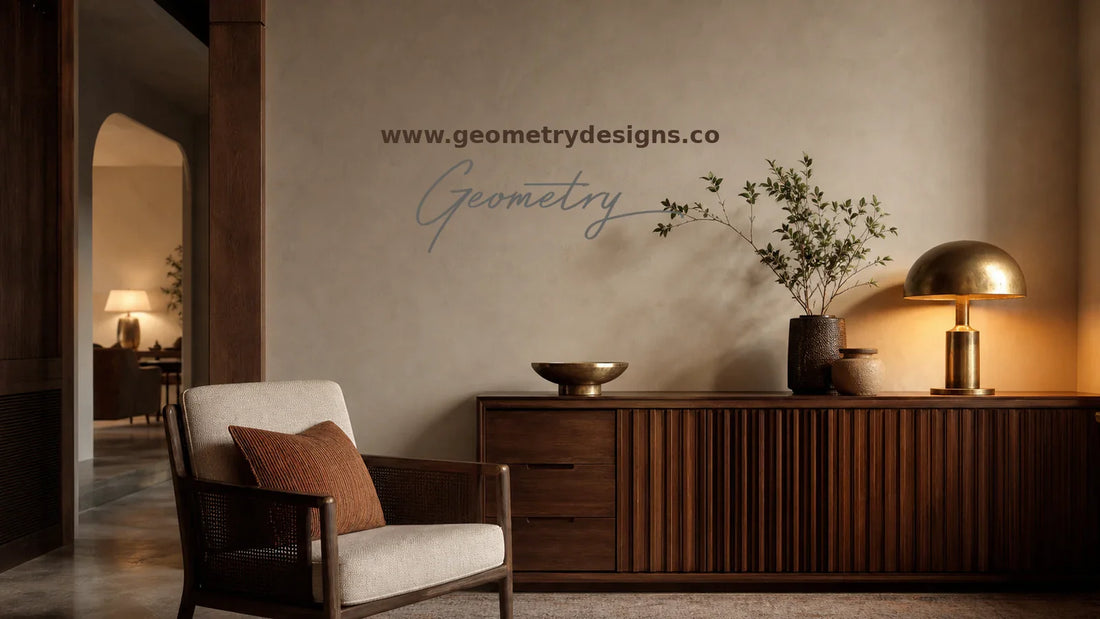 Geometry Designs handcrafted furniture vignette with warm layered lighting, wood console detail, upholstered chair, real Geometry wordmark, and www.geometrydesigns.co.
