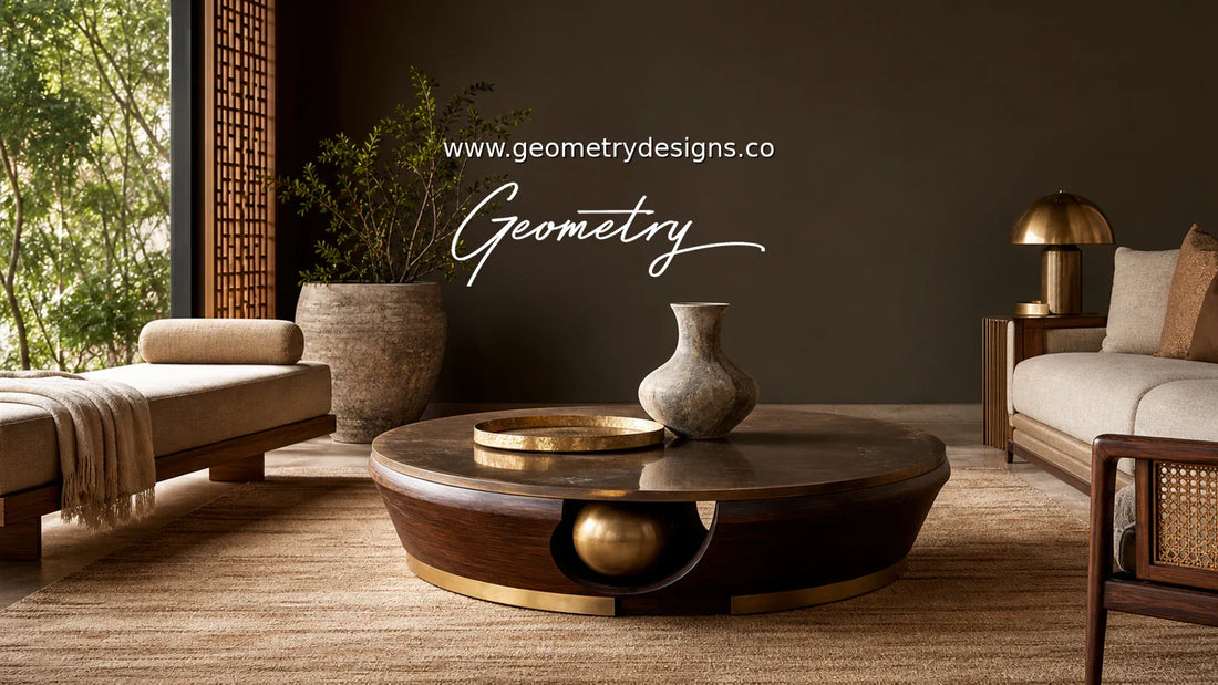 Geometry Designs luxury coffee table anchoring a modern Indian living room with seating, rug, warm wall, real Geometry wordmark, and www.geometrydesigns.co.