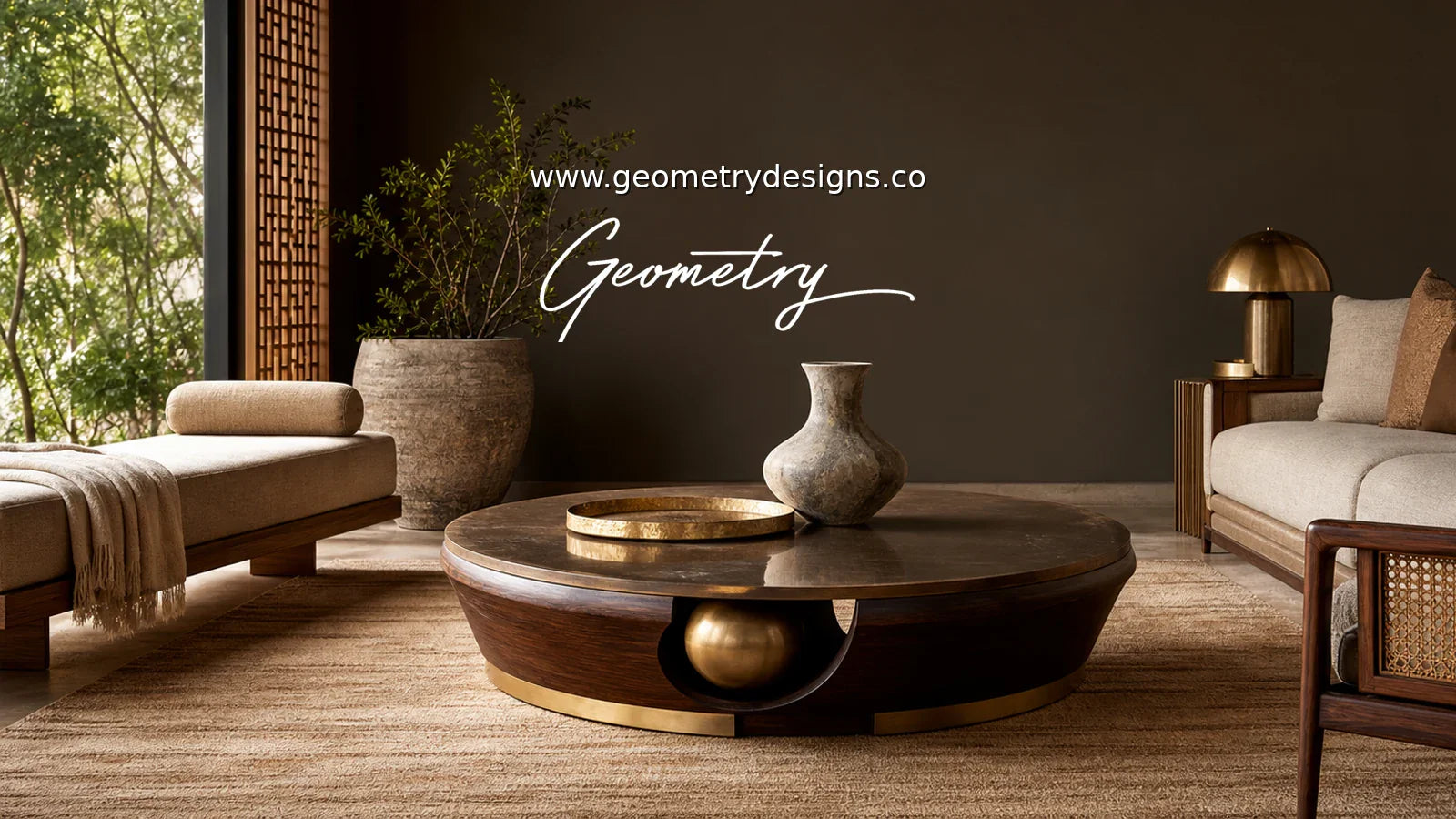 Geometry Designs luxury coffee table anchoring a modern Indian living room with seating, rug, warm wall, real Geometry wordmark, and www.geometrydesigns.co.