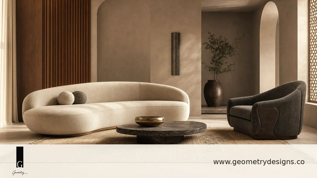 AI-assisted modern Indian luxury living room with a curved cream sofa, dark armchair, low coffee table, textured rug, warm walls, Geometry logo, and www.geometrydesigns.co branding.