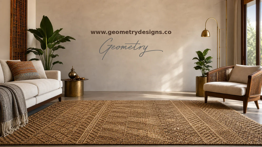 Geometry Designs modern Indian luxury living room with a large handwoven rug, warm wood seating, brass accents, real Geometry wordmark, and www.geometrydesigns.co.