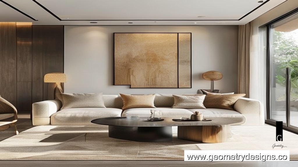 A modern Indian luxury living room showing a statement seating piece with clear side pathways and balanced furniture spacing.