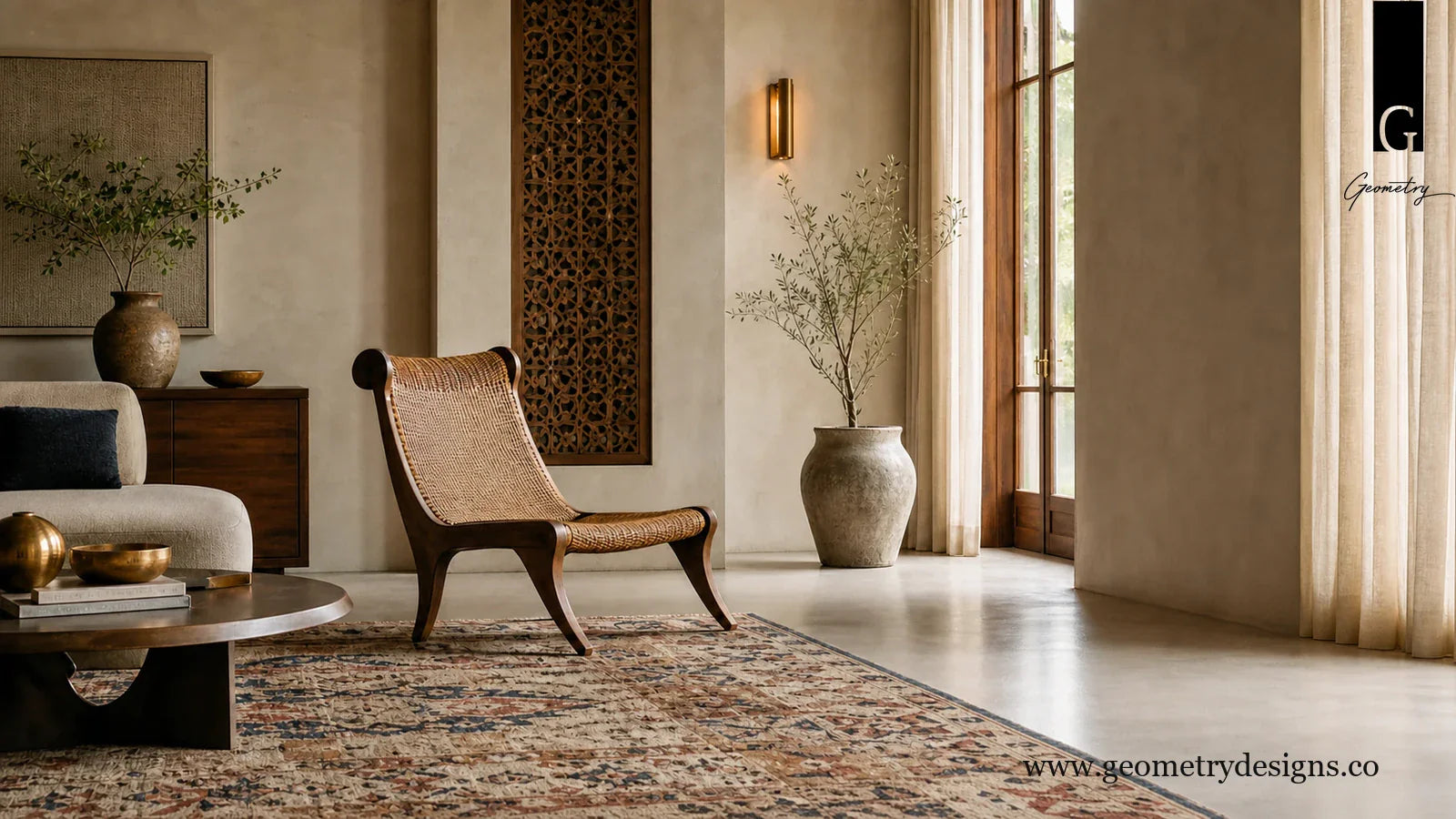 Geometry Designs editorial living room with a sculptural statement chair, patterned rug, and restrained accessories in a modern Indian luxury setting.