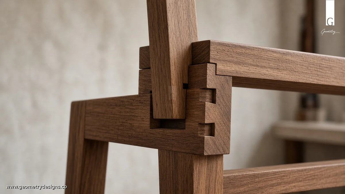 Close-up of handcrafted wood joinery on a furniture frame showing clean shoulder fit and refined grain