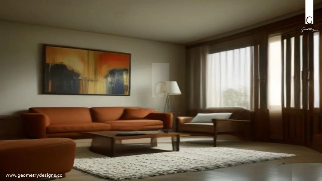 Luxury Indian living room with framed abstract art above a sofa beside a handcrafted wood armchair in warm natural light
