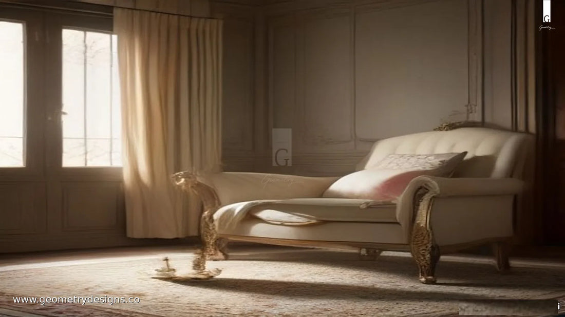 Luxury Indian living room with statement armchair fully seated on a correctly scaled soft area rug in calm natural light