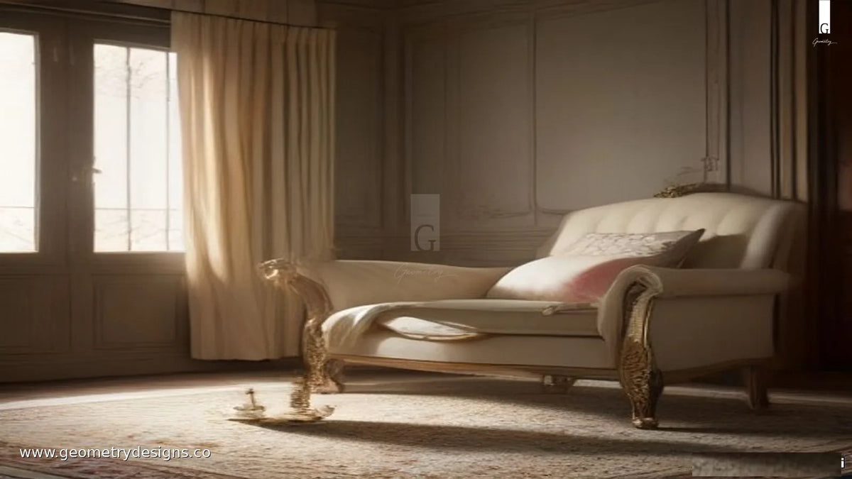 Luxury Indian living room with statement armchair fully seated on a correctly scaled soft area rug in calm natural light