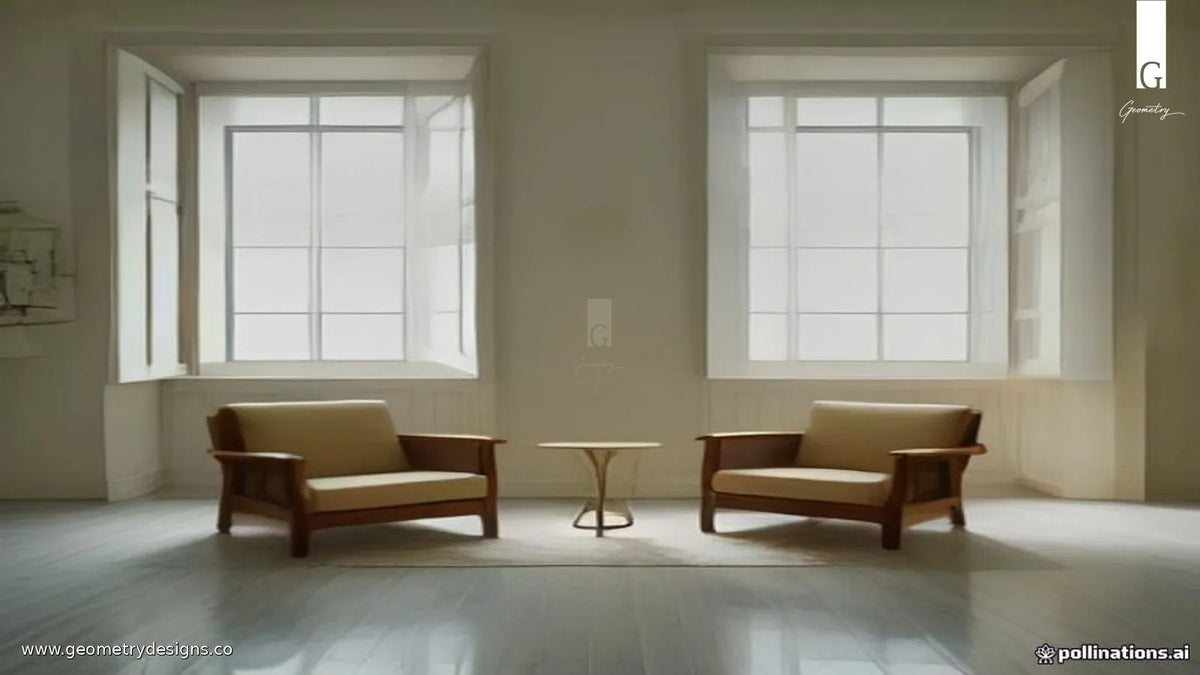 Bright luxury Indian living room with low handcrafted seating, open floor path, and soft natural light making a compact space feel expansive