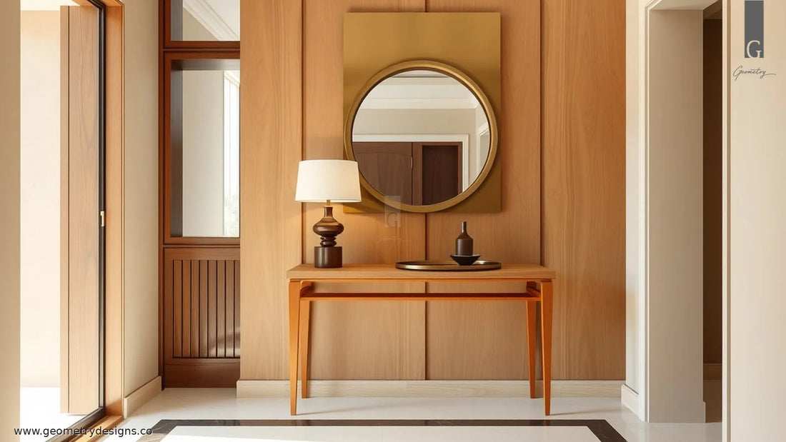 Luxury Indian apartment entryway with a handcrafted statement console against the side wall, clear walk path, lamp and tray, calm natural light