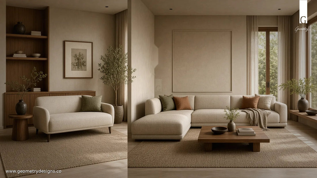 Modern Indian luxury living room with soft daylight, seating anchor, and clear circulation — designer first-pass view of proportion and light