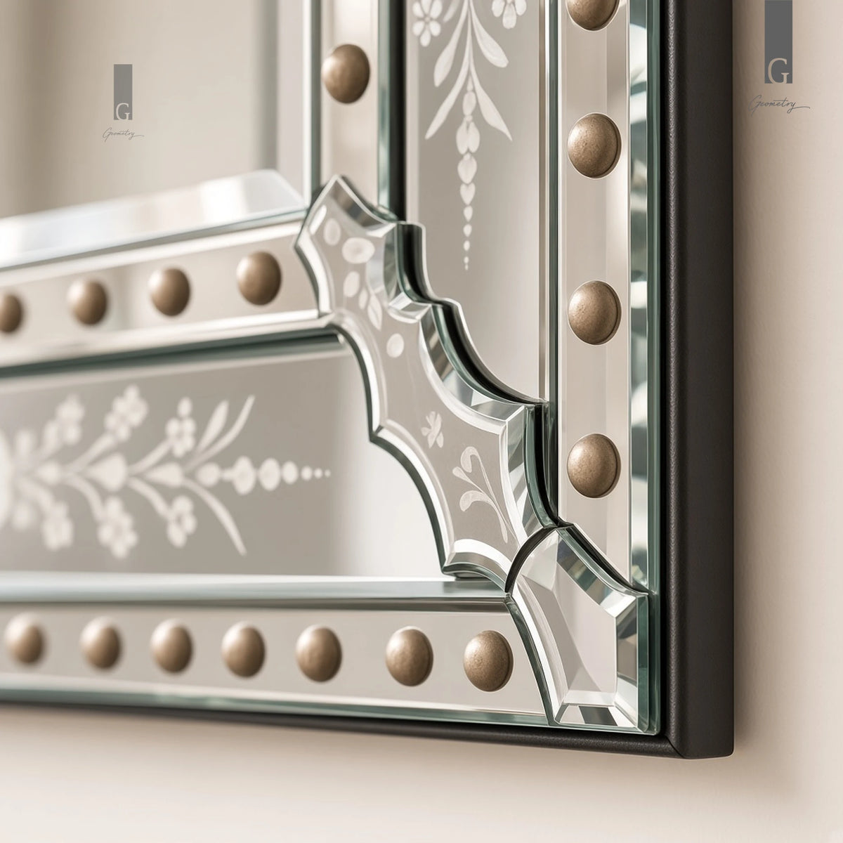 Geometry Designs Venetian Mirror bevelled glass frame edge and stud detail, shown at an oblique angle.